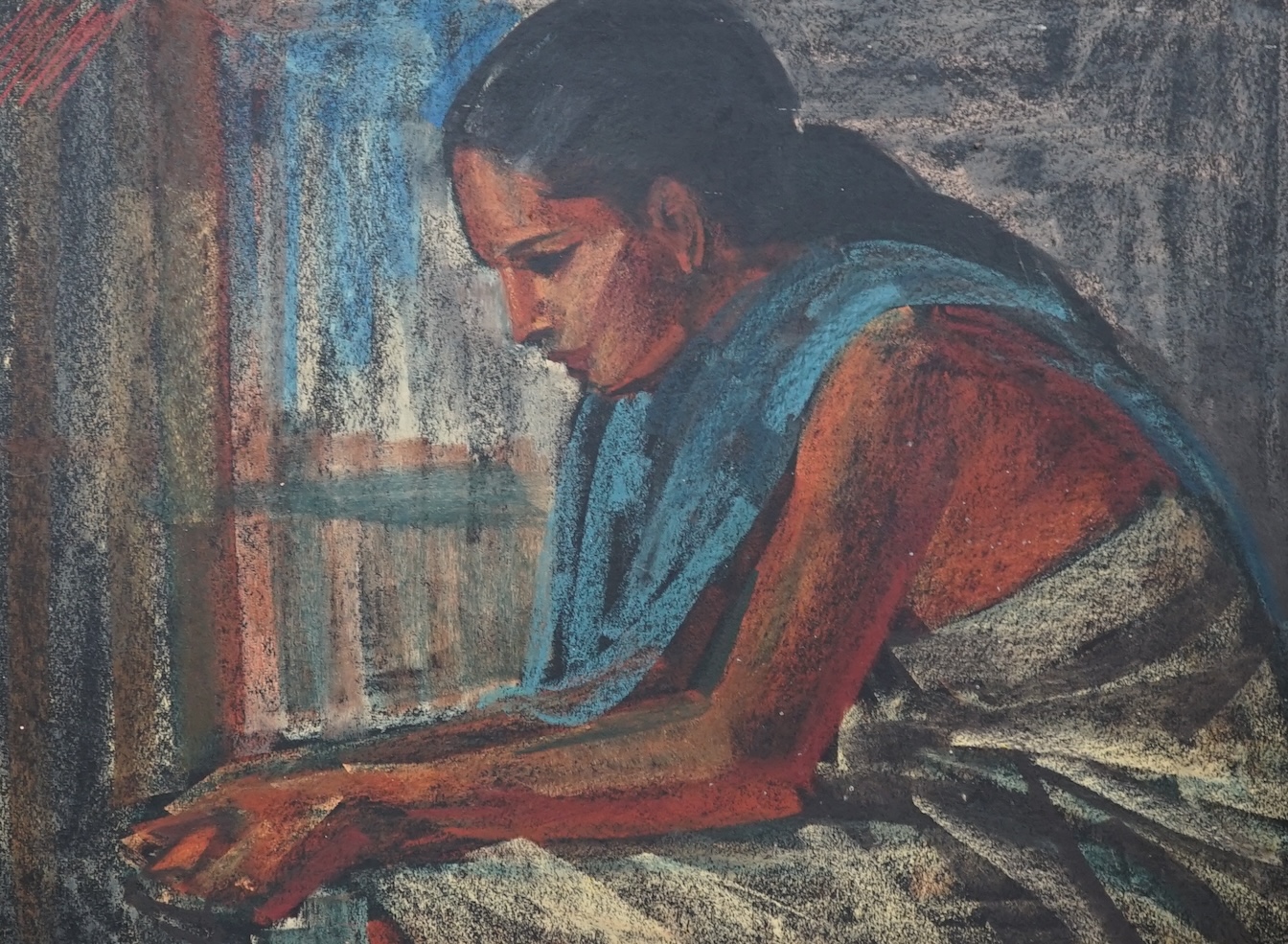 Maurice Man (1921-1997), oil on board, Study of a seated woman, 45 x 60cm. Condition - fair